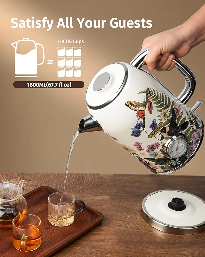 INFOOD Retro Electric Kettle 1.8L/60.8oz with Thermometer - 1200W Fast Boiling Stainless Steel Tea Kettle with Water Level, BPA-Free, Auto Shut-Off, Boil-Dry Protection, Vintage Floral Design