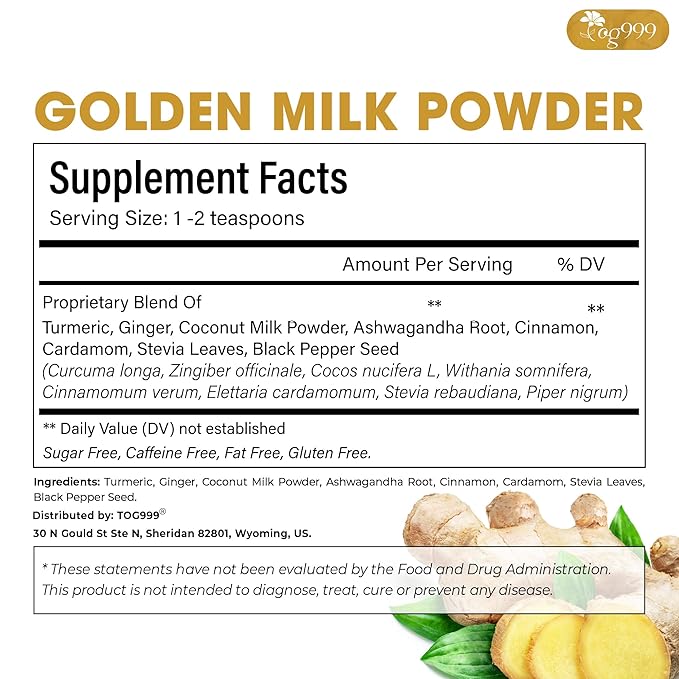 TOG999, Premium 8oz Golden Milk Powder - Turmeric, Cinnamon, Ginger & Black Pepper – Natural Spice Blend for Lattes, Smoothies & Baking – Non-GMO, No Additives.