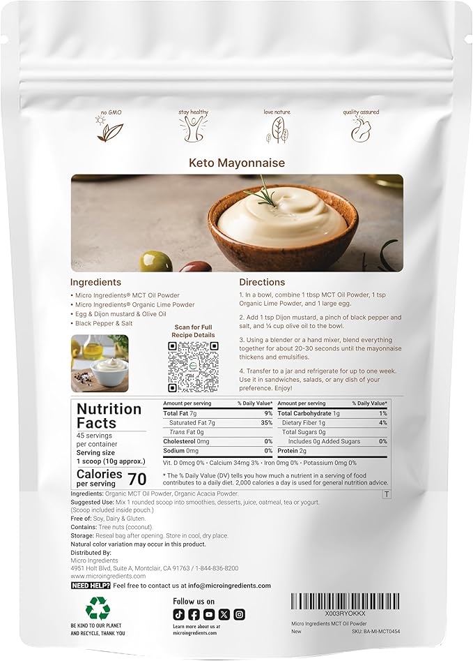 Micro Ingredients Organic MCT Oil Powder with Prebiotic Fiber,1 Pound (16 Ounce) | C8 MCT Oil for Coffee Creamer | No GMOs, Keto Diet, Vegan