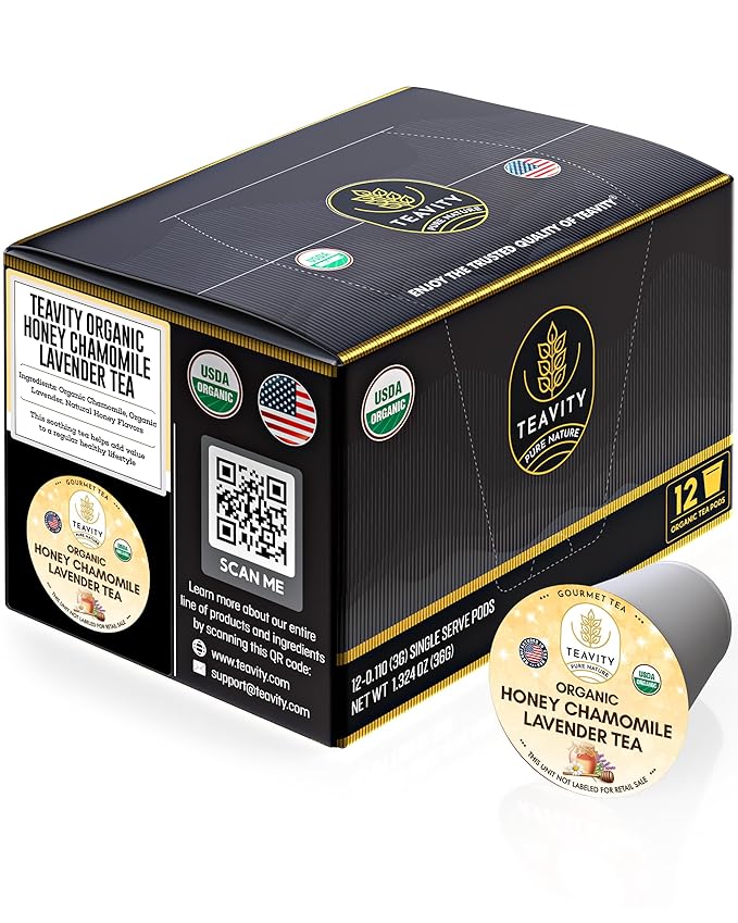 Organic Chamomile and Lavender Tea Pods for Keurig - Decaf Herbal Tea for Keurig K Cups - Honey Chamomile Lavender by Teavity (12 Tea Pods)