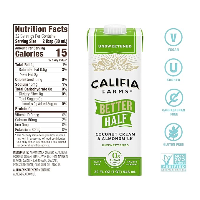 Califia Farms - Unsweetened Better Half, Half and Half Substitute, 32 Oz (Pack of 6), Almond Milk, Coconut Cream, Coffee Creamer, Keto, Shelf Stable, Dairy Free, Plant Based, Vegan