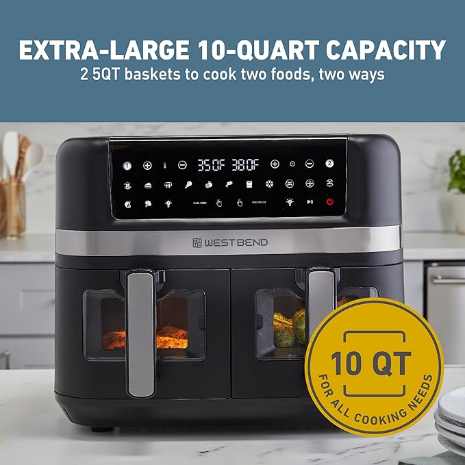 West Bend Double Up Air Fryer Dual Basket 10-Quart Capacity with Digital Controls View Windows and 15 Cooking Presets, Nonstick Frying Baskets, Dual-Zone Cooking, 1600-Watts, Black