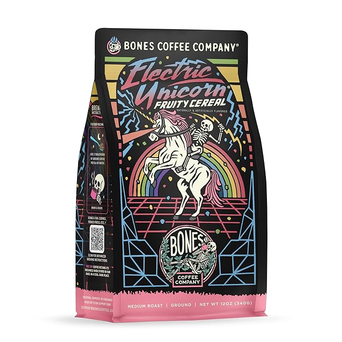 Bones Coffee Company Electric Unicorn, Fruity Cereal With Milk Flavored Coffee, Medium Roast Low Acid Arabica Beans Compatible with Auto drip and French Press Coffee Maker, 12 Oz Ground