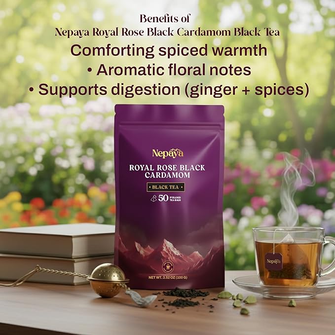 Royal Rose Cardamom Black Tea Bags, Assam Rose tea with Black Cardamom & Rose Petals, Luxury Chai Blend, 50 individually Wrapped Biodegradable Pyramid Bags, Premium Rose Tea