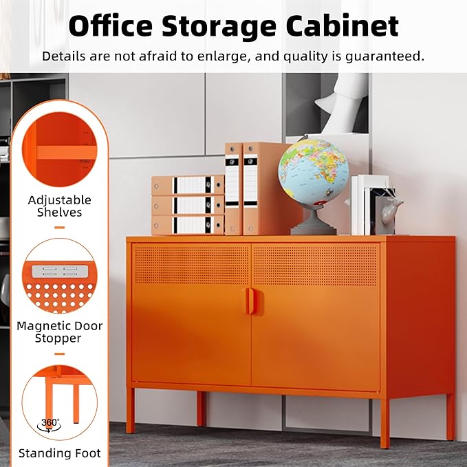 Orange Metal Storage Cabinet,2 Door TV Stand, Metal Mesh Accent Cabinet,Magnetic Door Closure,Low Storage Cabinets with Doors and Shelf for Home,Office,Living Room