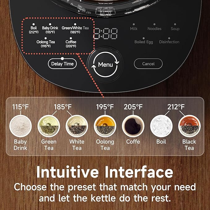 Hot Tea Maker Glass Electric Kettle with Infuser and Temperature Control,1.5L Stainless Steel 1200W Rapid Boiling,Programmable Control for your Favorite Teas and Coffee,Black
