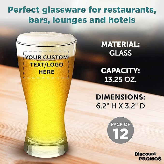 Custom Pilsner Glasses 13.25 oz. Set of 12, Personalized Bulk Pack - Made in the USA, Perfect for Hotels, Restaurants, Bars and Even Party Favors - Clear