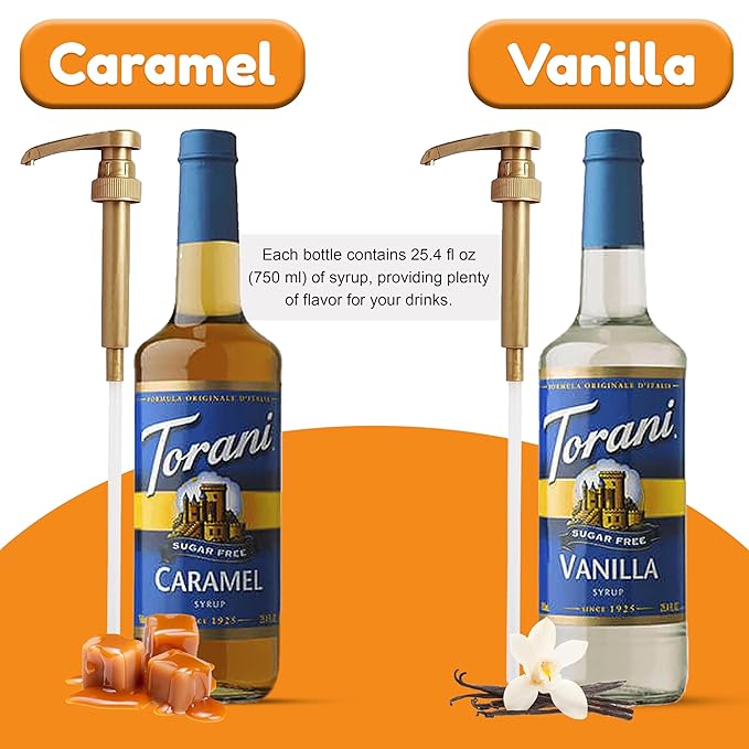 Coffee Syrup Variety Pack - Sugar Free Caramel & Vanilla Syrups for Coffee with 2 Jimoco Syrup Pump Dispenser Compatible with 25.4 Ounces Syrup Bottle - Flavoring For Coffe, Soda, Frappes, Lattes