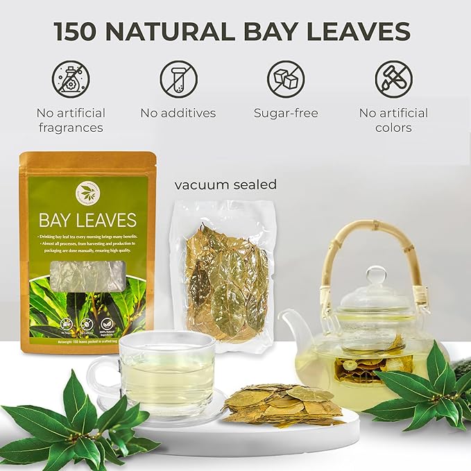 Bay Leaves Tea - 150 Dried Whole Leaves, 1.06 oz, Hojas de Laurel, 100% Natural Sun Dried, Caffeine-Free Herbal Tea, For Brewing or Cooking, Immune & Wellness Support