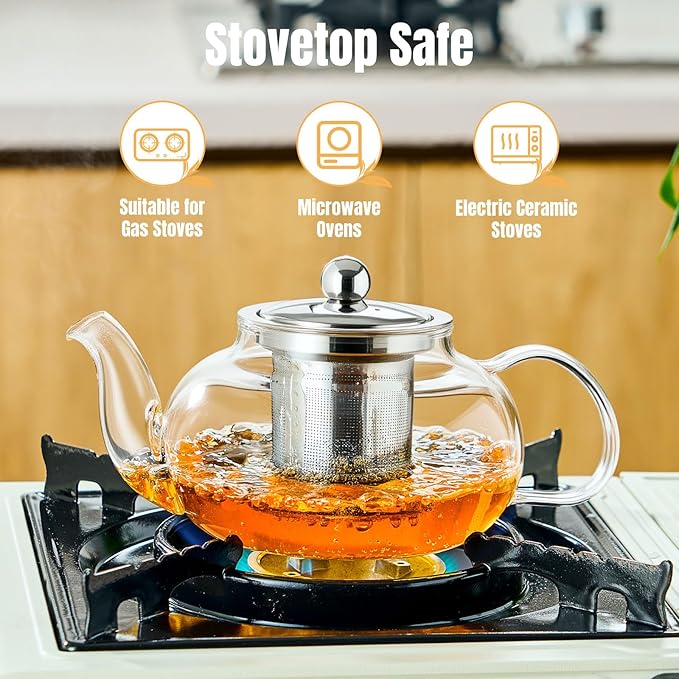 Glass Teapot Stovetop 20 OZ/600ml, Tea pot with Removable 18/8 Stainless Steel Infuser, Borosilicate Clear Tea Kettle, Teapot Blooming and Loose Leaf Tea Maker Tea Brewer for Camping, Travel
