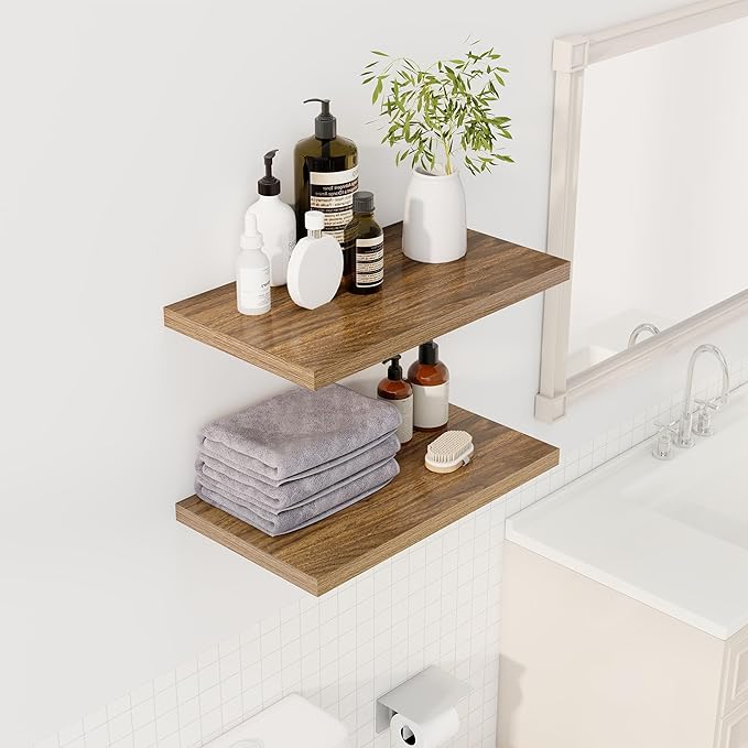 Dreamland 24" Floating Shelves for Wall, 12" Deep Slim Walnut Floating Shelves, Wall-Mounted Shelves for Bedroom, Living Room, Kitchen, Bathroom - Set of 2