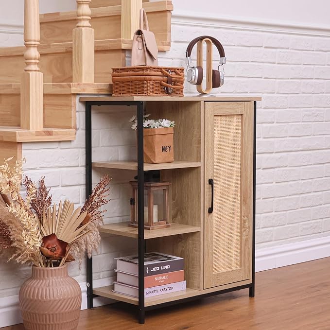 ALBAD Boho Sideboard Buffet Cabinet with 3 Tier Storage Shelves and Rattan Doors Rustic Farmhouse Coffee Bar Console Table for Living Room, Kitchen, Dining Room, Home Entryway