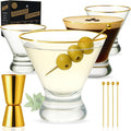 VEMACITY - Stemless Martini Glasses Set of 4 with Gold Rims & Bar Tools - Crystal Cocktail Glasses for Espresso Martinis, Margaritas - Includes Gold Jigger & 4 Picks | Ideal for Christmas & New Years