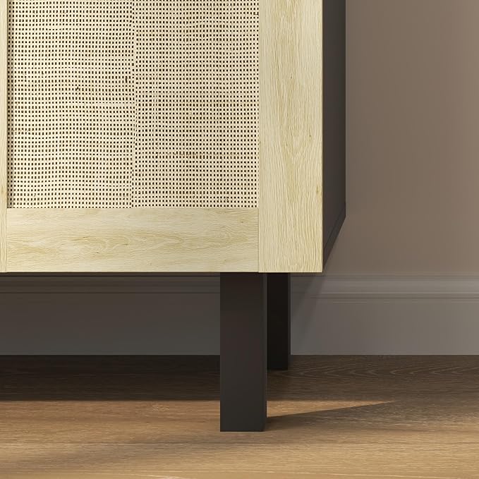 HOMCOM Boho Sideboard Buffet Cabinet, Coffee Bar Cabinet with 4 Rattan Doors and Adjustable Shelves for Kitchen, Living Room, Black and Natural