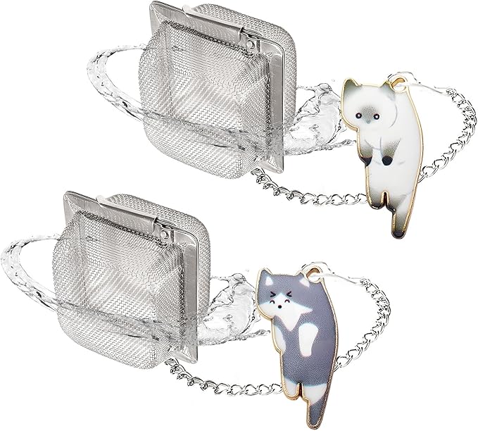Cat Tea Infuser Set, 2 PCS Cube Tea Strainer for Loose Tea, Cute Cat Charm Pendant Tea Steeper, Stainless Steel Mesh Tea Diffuser for Extraction (White & Gray)