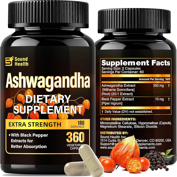 SoundHealth Organic Ashwagandha Capsules Supplement - 7000mg Herb Powder Equivalent per Serving - Immune Support, Hormone Balance - Enhanced Nutrient Absorption - 360 Capsules (180 Servings)