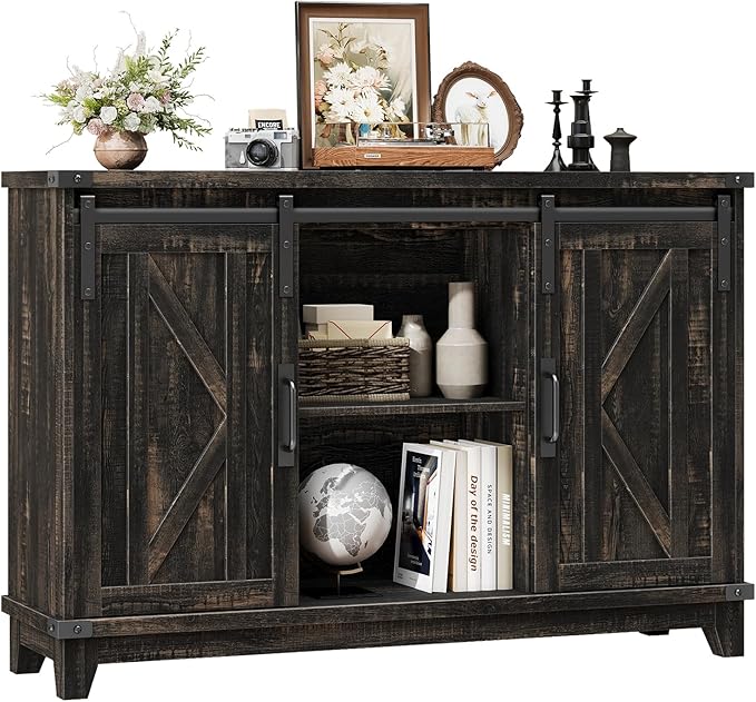 Vabches Bar Cabinet with Storage, Farmhouse Storage Cabinet with Sliding Barn Doors and Adjustable Shelves Small Rustic Liquor Cabinet for Living Room, Kitchen, Entryway