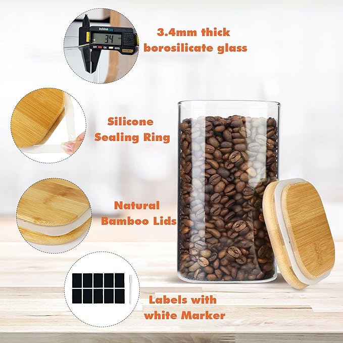 Glass Storage Containers with Airtight Bamboo Lids Muti Size Set of 5,Pantry Food Glass Jar with Lid,Perfect for Kitchen Organization-Nuts,Flour, Rice, Pasta, Sugar, Coffee Beans, Accessories Included