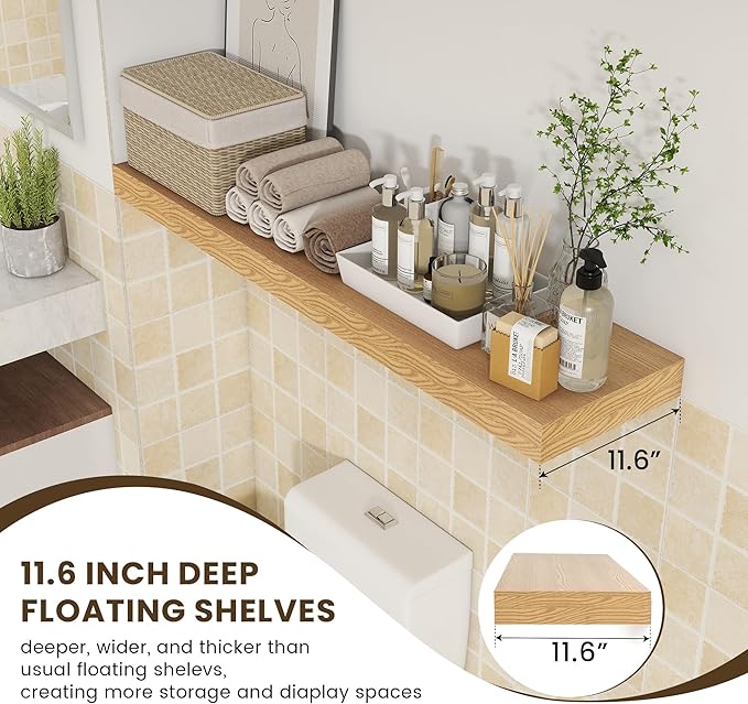48 Inch Oak Floating Shelf | 12 Inch Deep Floating Shelves Set of 1 | 48" D x 12" D Rustic Wood Shelves for Wall | Deep Oak Shelves for Living Room Bathroom Laundry Room Kitchen