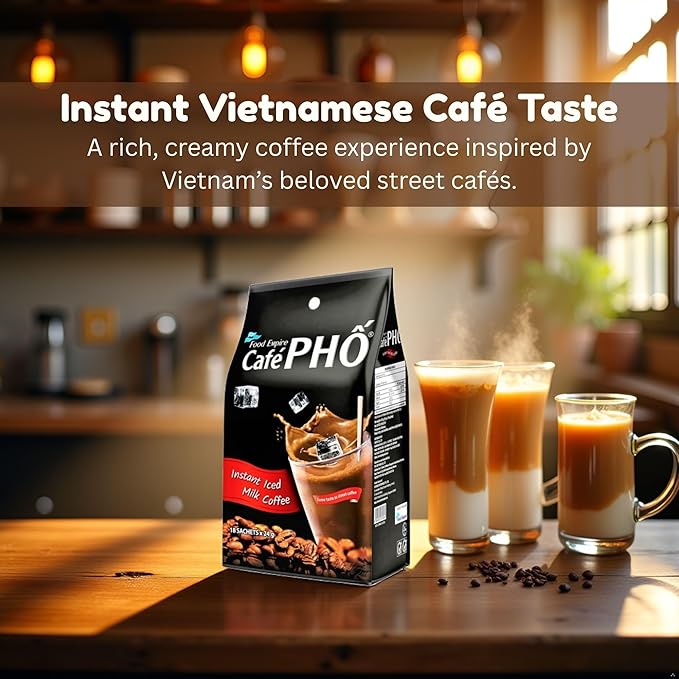 Cafe Pho Vietnamese 3in1 Instant Coffee Mix, Iced Milk Coffee, Cafe Sua Da, Single Serve Coffee Packets, Bag of 18 Sachets, Pack of 1-15 Months Shelf Life