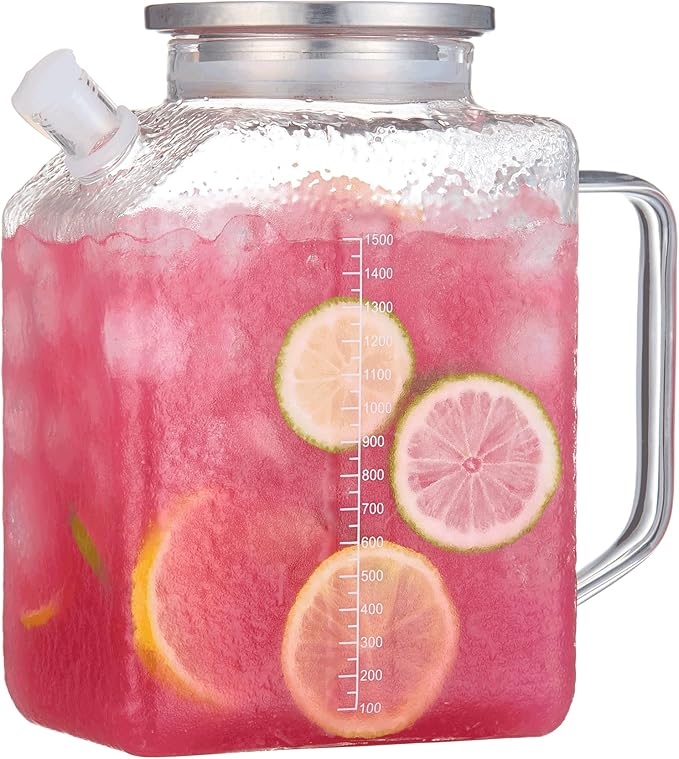Purefold 1.5 Liter/50 oz Water Pitcher with Full Seal Lid and Spout, High Borosilicate Glass Jug, Leakproof Fridge Door Carafe for Iced Tea, Coffee, Juice, Milk Beverage (Textured)