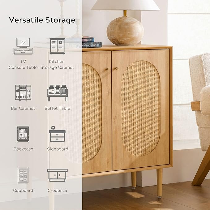 Rattan Storage Cabinets with Shelves, Narrow Cabinet with Storage, Sideboard Cabinet with Doors, Rattan Cabinets for Kitchen Dining Room Living Room, Natural Oak