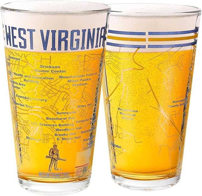 Greenline Goods – University of West Virginia Mountaineers College Pint Beer Glasses (Set of 2), 16 oz – Full-Color Logo + Campus Map