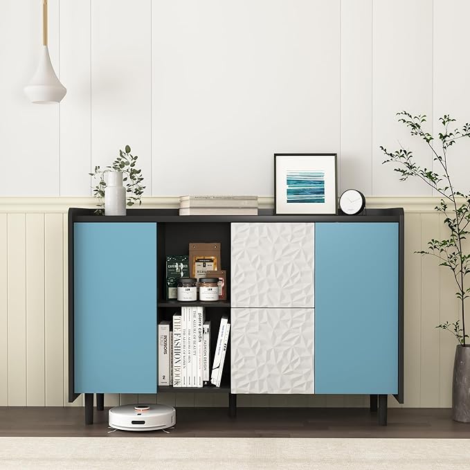 47" Modern Sideboard Buffet Cabinet, Black Accent Storage Cabinet with Blue Door & 2 Push-to-Open Drawers, Console Table for Dining Room, Living Room, Entryway, Office