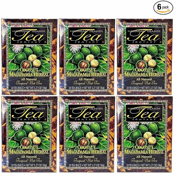 HAWAIIAN ISLANDS TEA COMPANY Coconut Macadamia Herbal Tea, All Natural - 120 Teabags (6 Boxes)