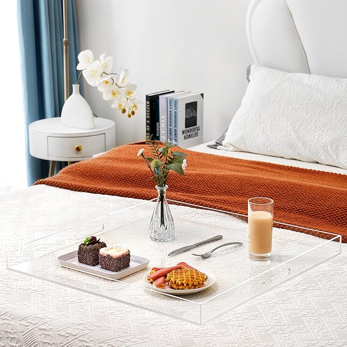 18×18 inches Oversized Clear Acrylic Ottoman Tray Extra Large Decorative Tray Spill-Proof Serving Trays with Handles King-Size Safe Edge Organizer for Coffee Table Countertop Breakfast
