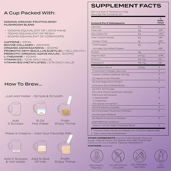 Atlas+ Latte Superblend– Premium Mushroom Coffee with Collagen, Probiotics, D3 & B12, Lion’s Mane, Reishi, Cordyceps, Coconut– for Energy, Focus, Immunity & Gut Health– 20 Servings (1 Bag)