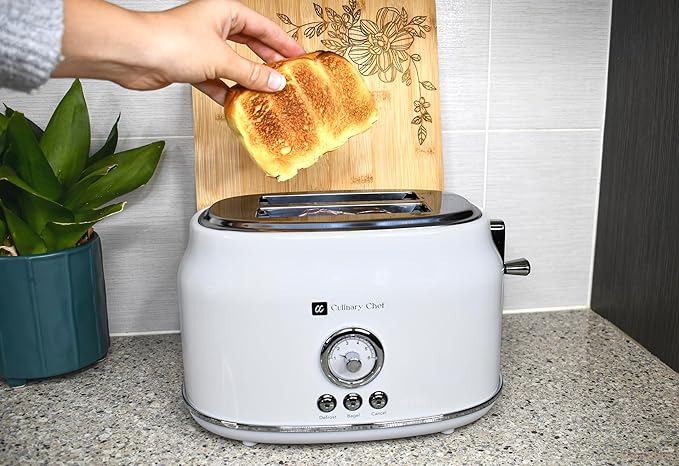 Frigidaire ETO102-WHITE, 2 Slice Toaster, Retro Style, Wide Slot for Bread, English Muffins, Croissants, and Bagels, 5 Adjustable Toast Settings, Cancel and Defrost, 900w, White