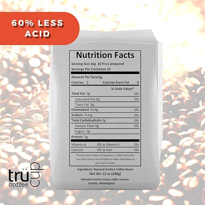 trücup Low Acid Coffee, Whole Bean Coffee Medium Roast 12 Oz, Natural Water&Steam Process (60% Less Acid), Smooth Flavor, Stomach-Friendly Rich in Antioxidants