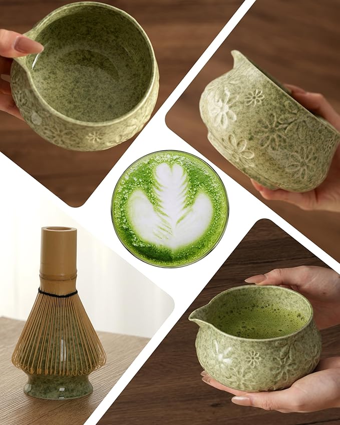 Matcha Whisk Set, Ceramic Matcha Kit Set Includes Matcha Bowl, Matcha Whisk and Holder, Bamboo Scoop, Scoop Rest, Sifter and Tea Towel - 7 Pcs Matcha Kit for Matcha Lovers(Green)