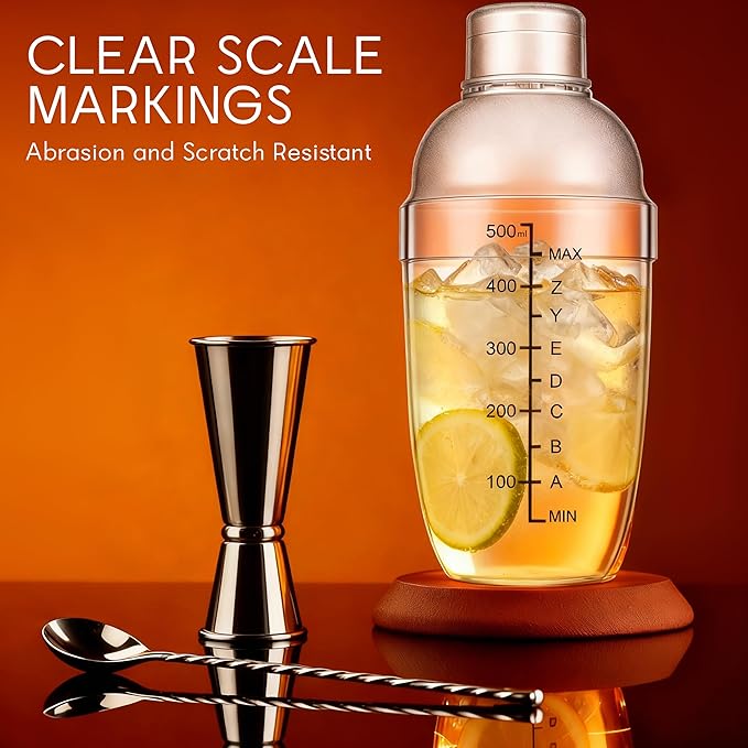 Plastic Cocktail Shaker with Measuring Scale 17oz (500ml), Leak-Proof & Shatter-Resistant Drink Mixer for Bartending, Protein Shakes, Iced Coffee & Milk Tea