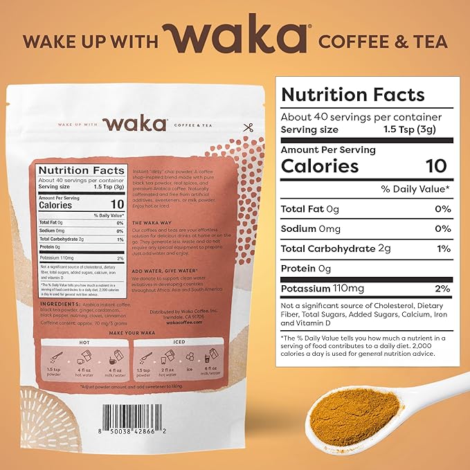 Waka Dirty Chai - Instant Coffee and Tea Powder Mix, Sugar Free, Pure Leaves from India With Arabica Coffee and Natural Spices, Unsweetened (4.5oz Pouch, 40 Servings)