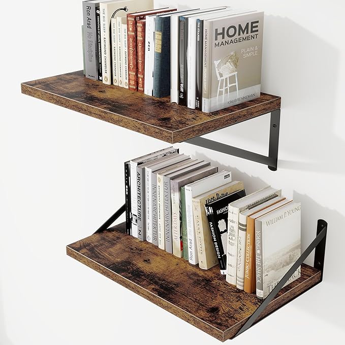 Deep Wall Shelves 16"W x 12"D Engineered Wood Floating Shelves for Wall, Sturdy Metal Bracket Bookshelves Home Decor Storage for Living Room Bedroom Bathroom Kitchen, Set of 2, Rustic Brown Finish