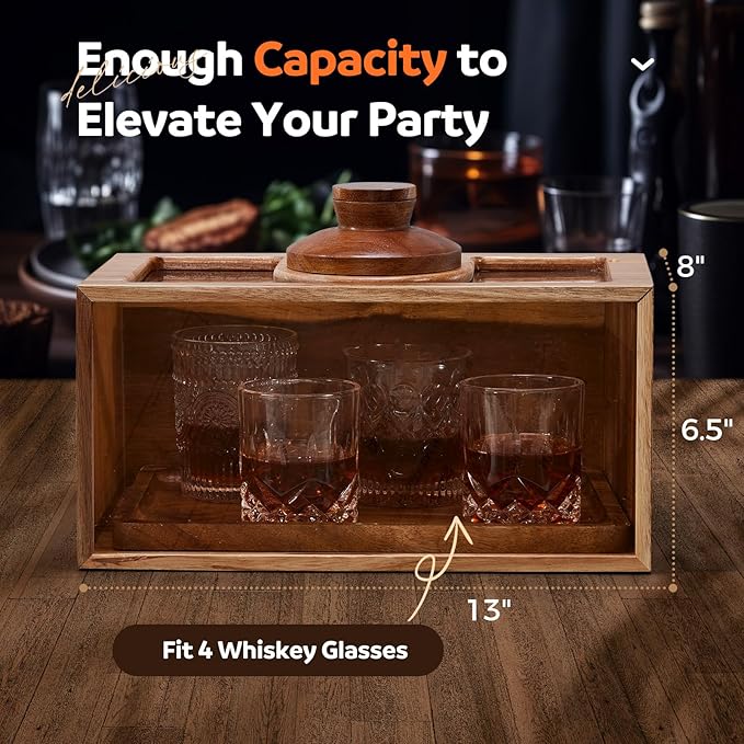 Cocktail Smoker Kit, Whiskey Smoker Kit with Torch, Smoking Box, Food Tray and Wood Chips, Old Fashioned Bourbon Smoker Kit, Christmas Gifts for Men(No Butane)