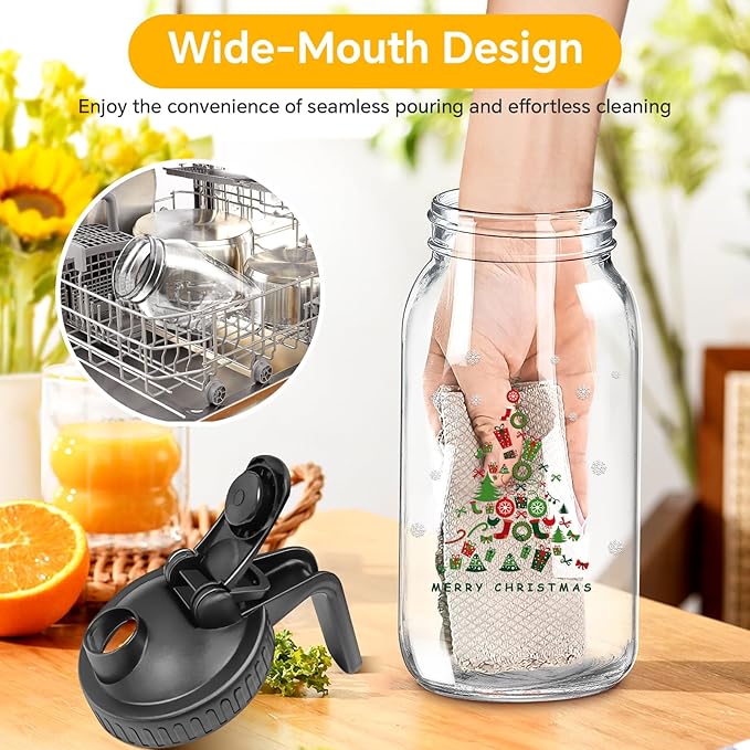 Mason Jar Pitcher, 63 OZ Glass Pitcher with Lid Double Leak-proof with Handle Water Jug Wide Mouth Breast Milk Pitcher Fridge Container for Water, Juice, Iced Coffee, Tea, Juice （Christmas tree）