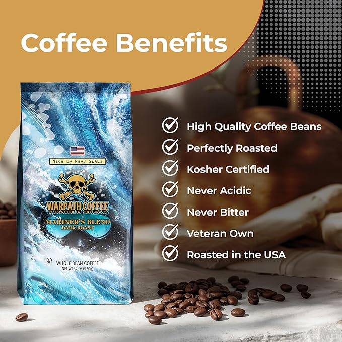 Warpath Coffee Dark Roast Whole Bean Coffee, Mariner's Blend, High Caffeine, Extra Strong Roasted 100% Arabica Coffee Beans Whole, Rich Aroma, Full-Bodied Intense Cup, Created by Navy SEALs, 2lb