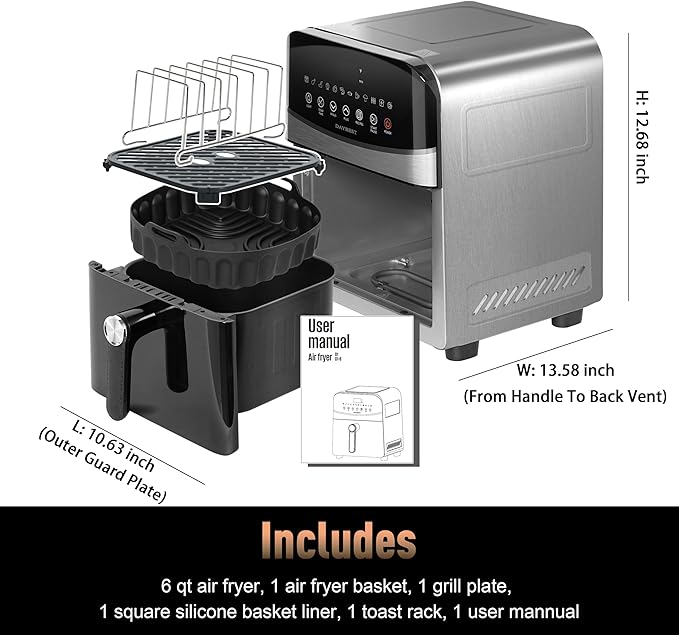 6QT Stainless Steel Air Fryer Ceramic 12 in 1, Dual-Blazes in Metal Housing, 2-3 Servings Visible 8.27" Basket with Teflon-Free Premium Coating, 1700W, DAYBEST Dishwasher Safe Kits (Stainless Steel)