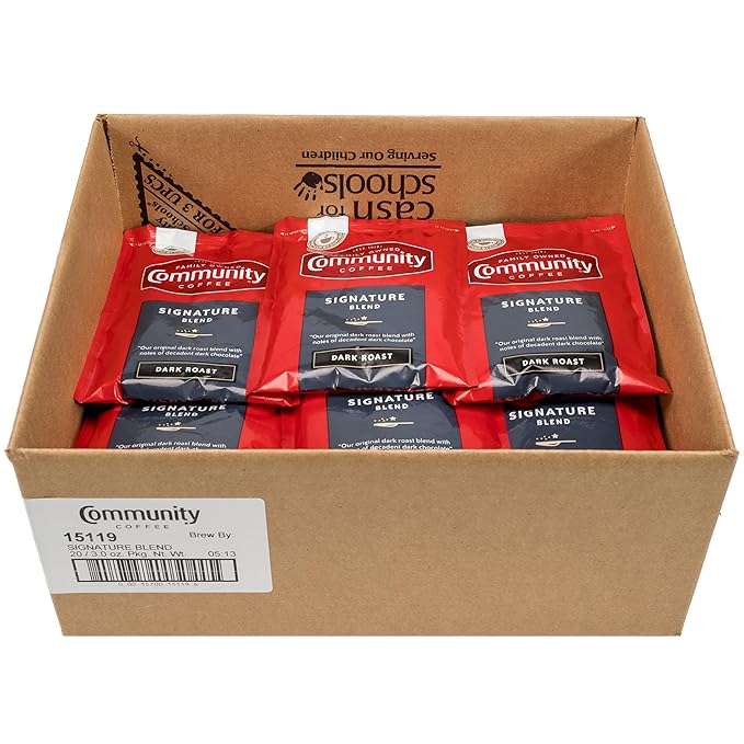 Community Coffee Signature Blend Pre-Measured Coffee Packs, Dark Roast, 3.0 oz Each (Box of 20)