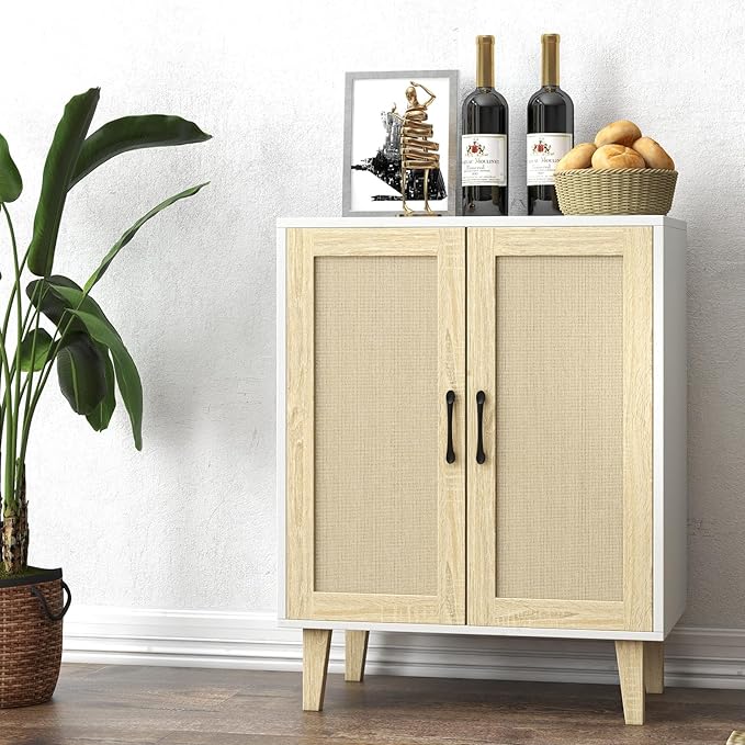 Panana Buffet Cabinet Sideboard with Rattan Decorated Doors Kitchen Storage Cupboard Accent Cabinet (White)