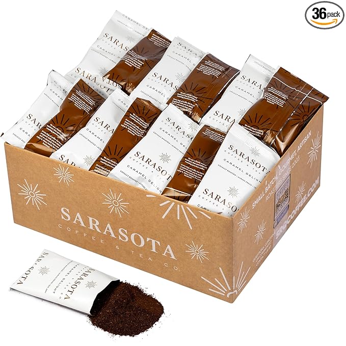 Coffee Packets – Salted Caramel Flavored Ground Coffee Packs | Gourmet Medium Roast, Low Acid Mold Free Pre-Measured Pouches for 12 Cup Brewers | 2 oz Single-Pot Bags, 36 Count – Sarasota Coffee