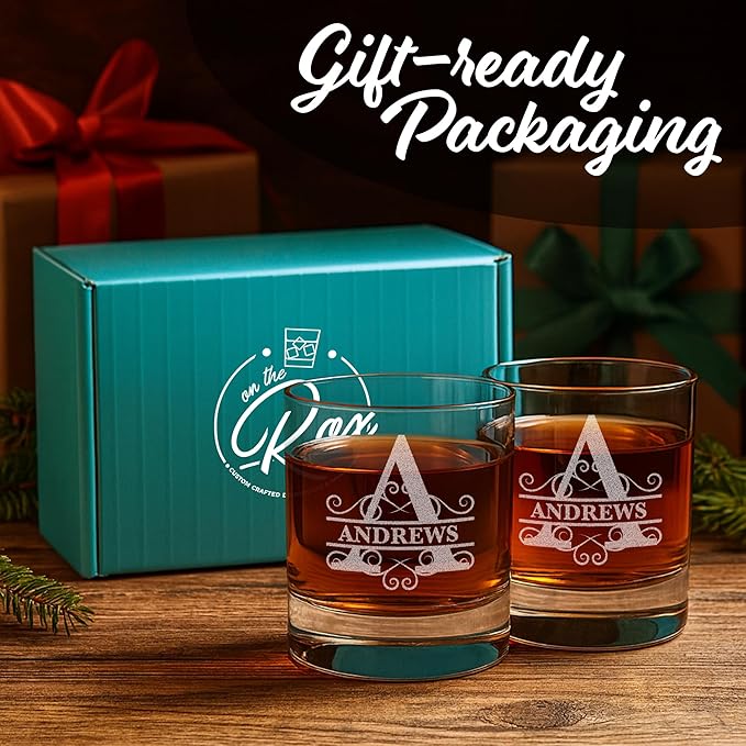 On The Rox Drinks Personalized Whiskey, Bourbon Monogram Glass Gifts - 11 oz Name Monogram Scotch Glass Set of 2 - Custom Cocktail, Rocks, Brandy Glasses