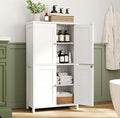 Nuturelly Bathroom Floor Storage Cabinet, Freestanding Pantry Cabinets with 4 Doors & 3 Adjustable Heights, Bathroom Organizers and Storage Waterproof Board & Metal Handles for Kitchen, Creamy White