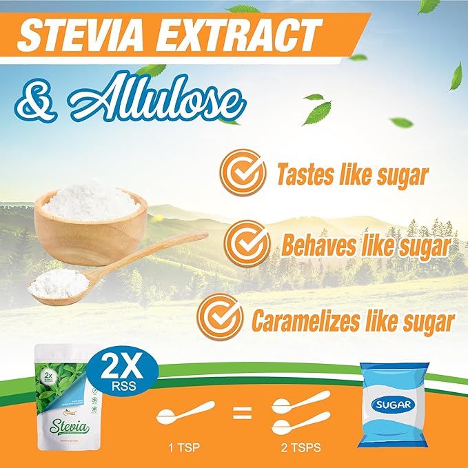Allulose - Stevia Blend All Purpose Sweetener Multi-Pack-2: 2X Sugar Sweetness; Total Servings 454; Zero Calorie Sweetener, Sugar-Free Substitute for Baking, Smoothies, Coffee; Low Carb Keto Diet Friendly Food | Pack of 2, 1-LB/Each