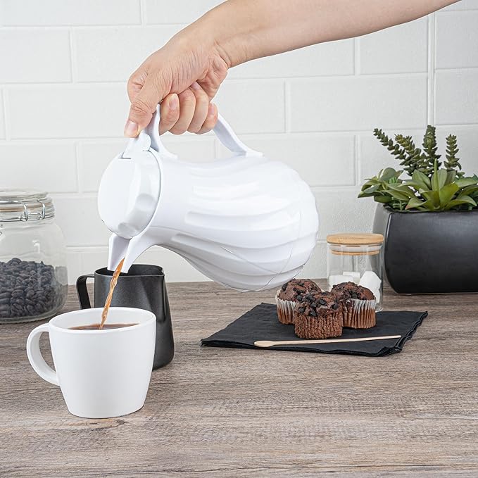 Restaurantware-Restpresso 20 Ounce Coffee Carafe, 1 Insulated Coffee Server - Push-Button Top, Swirl Design, White Plastic Pitcher, Built-In Handle, With Identification Tags