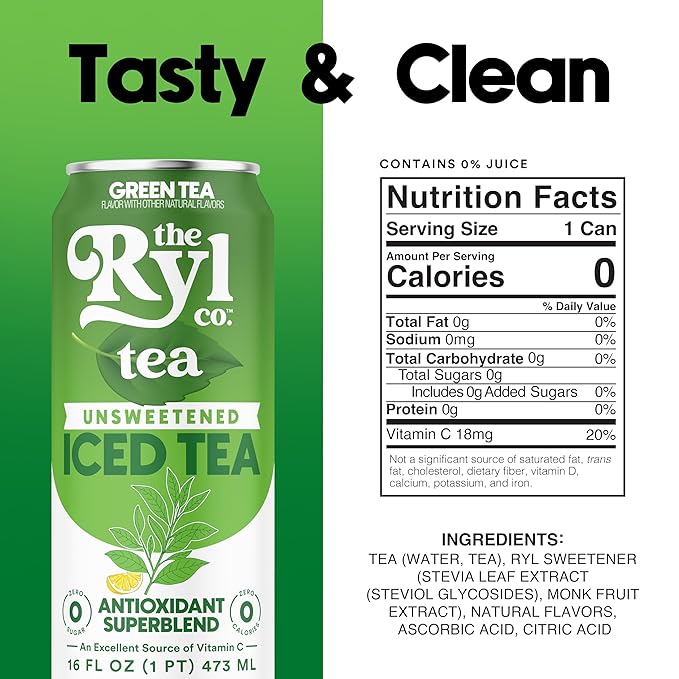 Ryl Iced Tea, Unsweetened Green Tea, Antioxidant Superblend, Zero Sugar, Zero Carb, Zero Calorie Iced Tea, 16.0 Fl Oz (12-Pack)