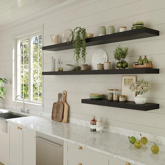 12 Inch Deep Floating Shelves for Wall 3 Pack Floating Shelfs Large Storage Space Wall Decor Display Shelf for Bathroom Living Room Bedroom Kitchen 48" W x 12" D x 1.2" H Black
